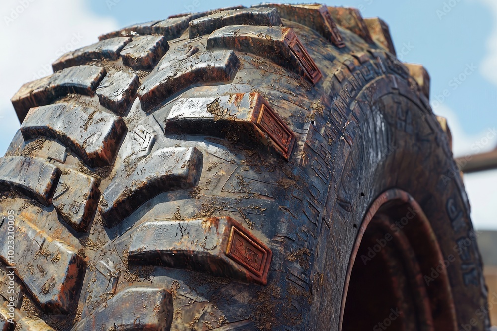 Close-up of rugged tire with detailed tread pattern against a blurred background Close-up of rugged tire with detailed tread pattern against a blurred background