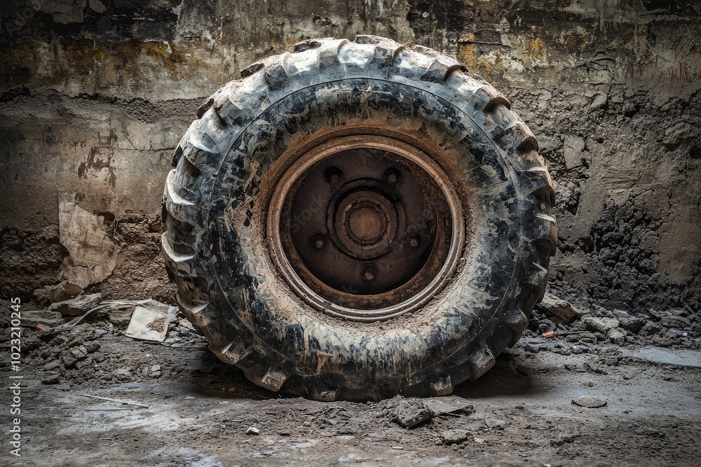 Large, worn-out industrial tire against a textured concrete wall. Large, worn-out industrial tire against a textured concrete wall.