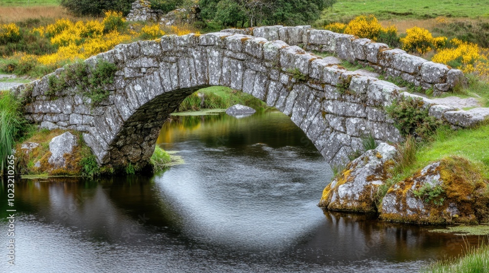 Close-up of an ancient stone bridge, moss and willows adding natural charm, spanning over a peaceful river Close-up of an ancient stone bridge, moss and willows adding natural charm, spanning over a peaceful river