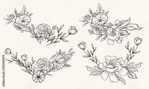 Various flowers & foliage in bouquet, intricate details and delicate forms. Floral frame & Wedding wildflowers for invitation save the date card Etc.