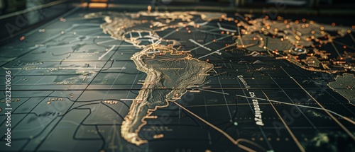 A textured, illuminated map of South America on a dark table, with vivid elevation and glowing cities, capturing the continent’s geography and vibrant energy. photo