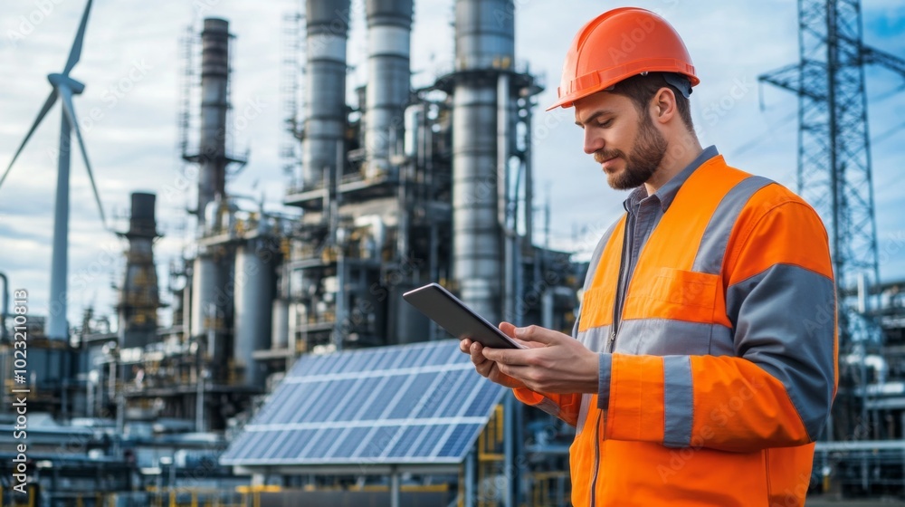 A construction worker in an orange safety jacket and helmet uses a tablet, standing in front of an industrial facility with machinery and solar panels. A construction worker in an orange safety jacket and helmet uses a tablet, standing in front of an industrial facility with machinery and solar panels.