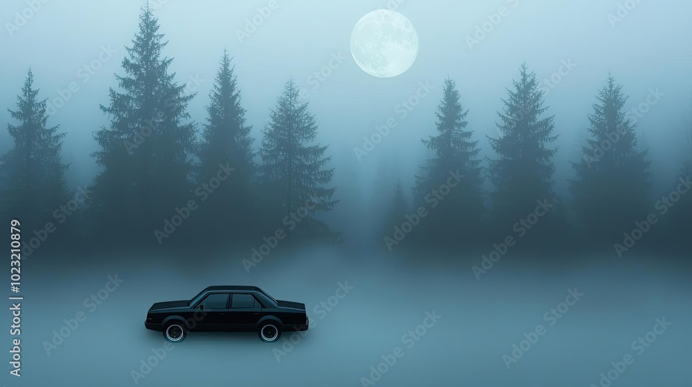 A mysterious black car parked in a foggy forest under a full moon, creating an eerie and atmospheric scene. A mysterious black car parked in a foggy forest under a full moon, creating an eerie and atmospheric scene.