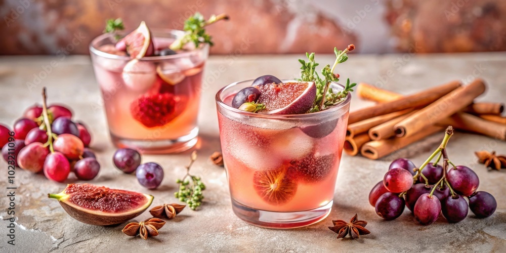 Autumn-inspired pink cocktail with fig, thyme, cinnamon and grapes in a glass on pink concrete background, Autumn, pink Autumn-inspired pink cocktail with fig, thyme, cinnamon and grapes in a glass on pink concrete background, Autumn, pink
