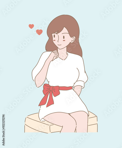 Young woman looking at  somebody with love, one sided love, having secret crush on someone. Hand drawn flat cartoon character vector illustration.
