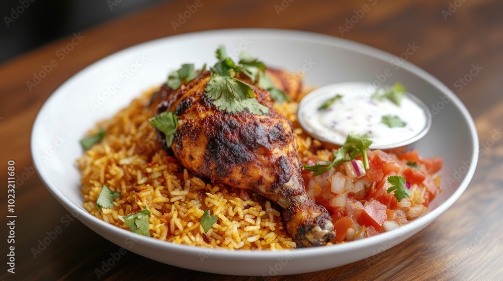 Fototapeta premium Spicy Chicken Biryani Served with Fresh Salad