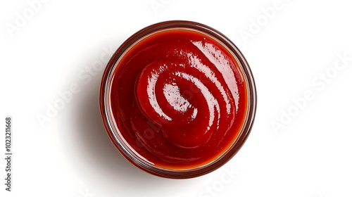 Ketchup and tomatoes on white background