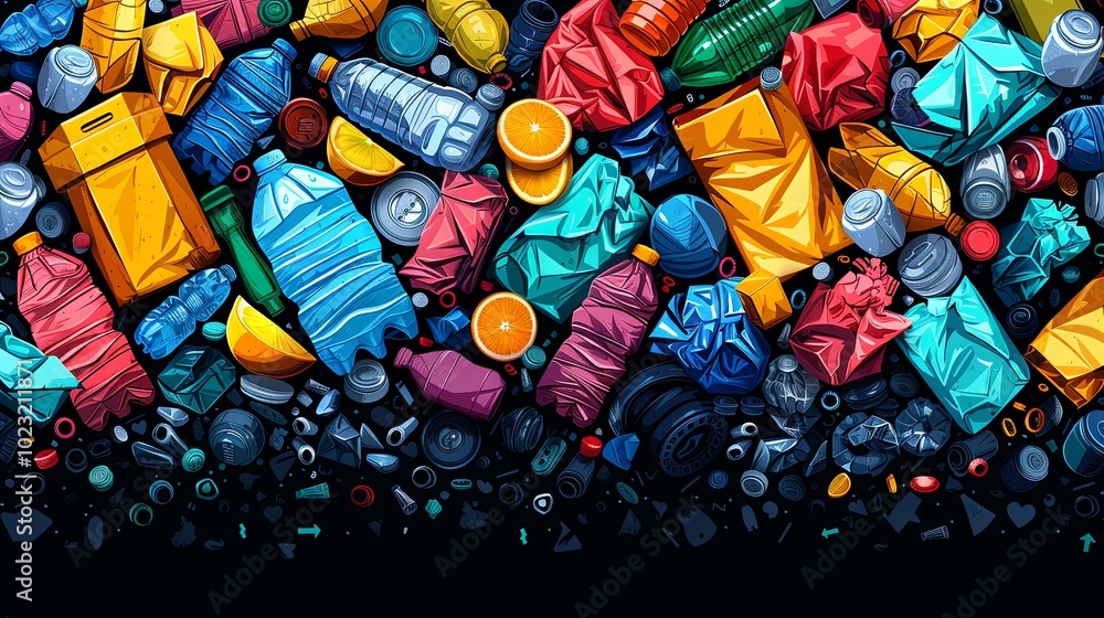 Waste pattern. Plastic and paper garbage background. Seamless endless pollution print with squeezed trash packages, boxes, bags. Recyclable junk, litter. Printable repeating flat vector illustration Waste pattern. Plastic and paper garbage background. Seamless endless pollution print with squeezed trash packages, boxes, bags. Recyclable junk, litter. Printable repeating flat vector illustration