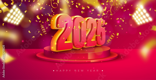 Happy New Year 2025 Illustration with 3d Number, Stage Podium and Falling Confetti on Red Background. Holiday Design with Typography Lettering for Flyer, Greeting Card, Banner, Celebration Poster