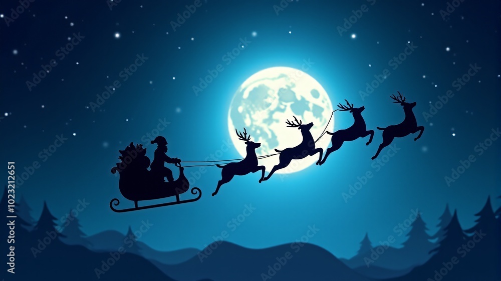 Santa’s sleigh silhouette flying over a full moon in a starry night sky. Santa’s sleigh silhouette flying over a full moon in a starry night sky.