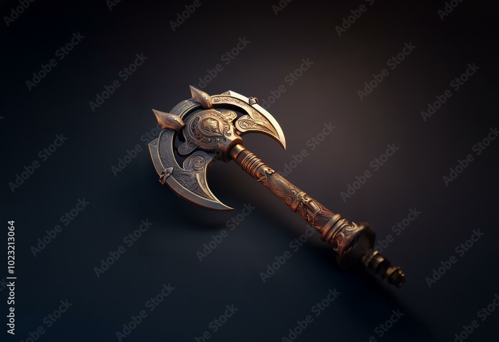Ornate axe with a detailed, intricate design, resting on a dark surface. Ornate axe with a detailed, intricate design, resting on a dark surface.