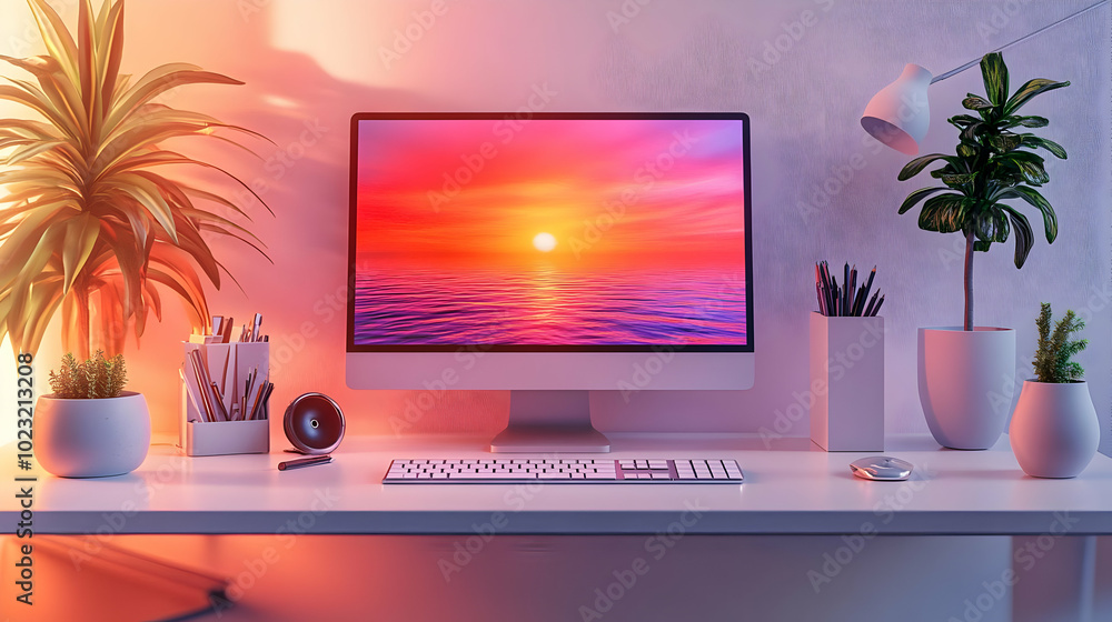 3D Icon Desk with Glossy Monitor and Accessories | Organized Remote Work Environment from Overhead Perspective on Isolated White Background 3D Icon Desk with Glossy Monitor and Accessories | Organized Remote Work Environment from Overhead Perspective on Isolated White Background
