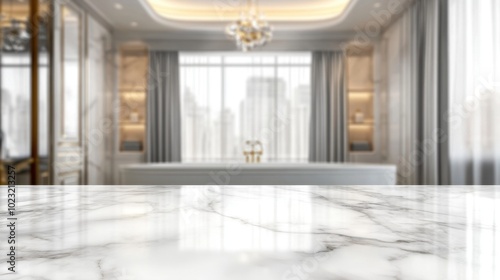 Elegant marble table surface with a blurred bathroom interior featuring subtle lighting, ideal for luxury product display