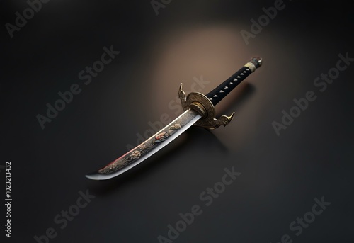 A curved, ornate sword lies on a dark surface, illuminated by a warm light.