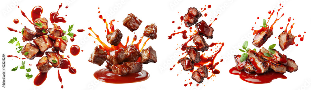 Set of delicious barbecue meat pieces splashing in tomato ketchup, cut out Set of delicious barbecue meat pieces splashing in tomato ketchup, cut out