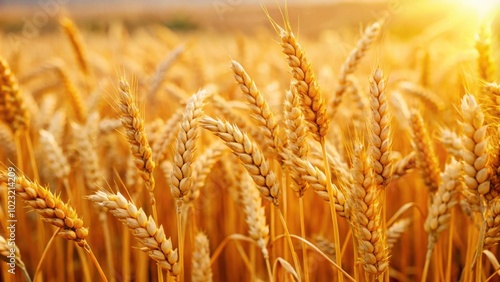 Ripe golden wheat spikelets in a field, symbolizing wealth and prosperity, agriculture, cereal, harvest, farming, crop, abundance