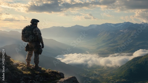 A soldier in full gear standing on a scenic cliff, looking out over a peaceful valley as clouds drift across the sky. photo