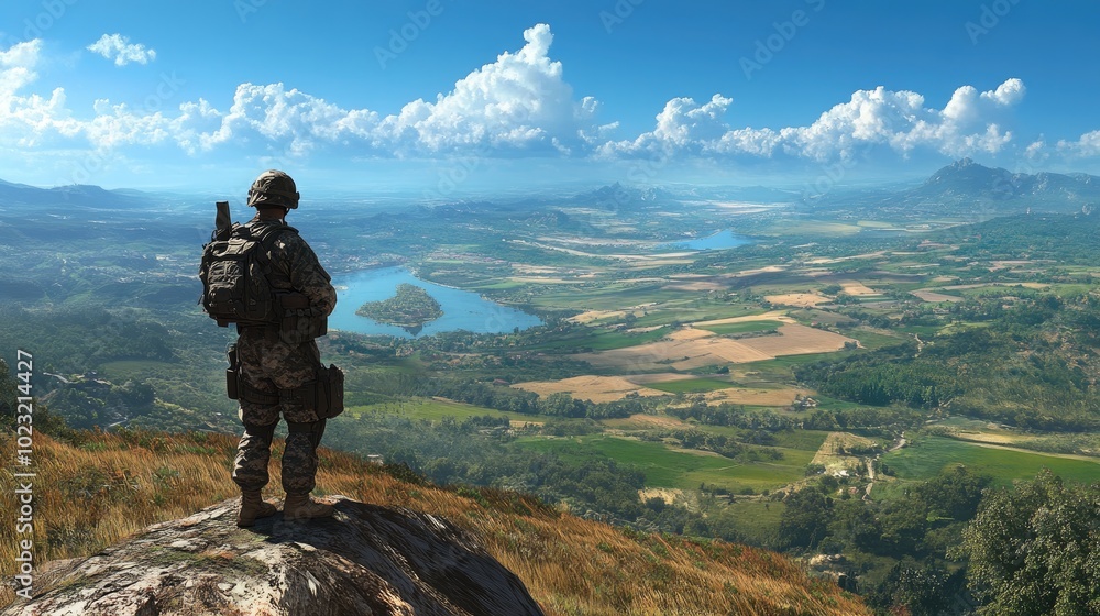 A soldier overlooking a vast, scenic landscape from a ridge, with a clear blue sky and endless fields stretching out below.