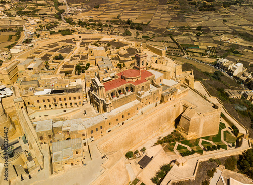 Aerial drone view of L Imdina silent city in Malta stone old medieval architecture  photo