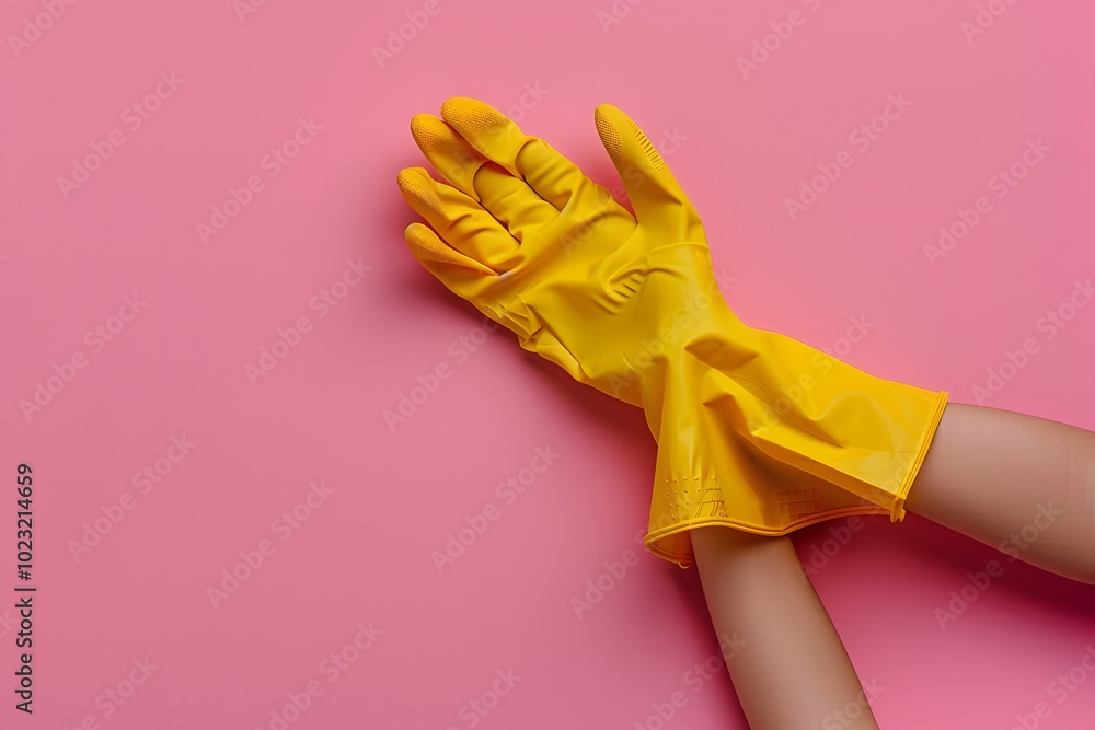 Bright Yellow Rubber Gloves on a Pink Background Bright Yellow Rubber Gloves on a Pink Background