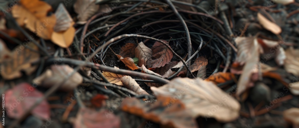 A closely woven nest amidst fallen leaves evokes the quiet harmony and intricate design found in the heart of nature's autumnal display.