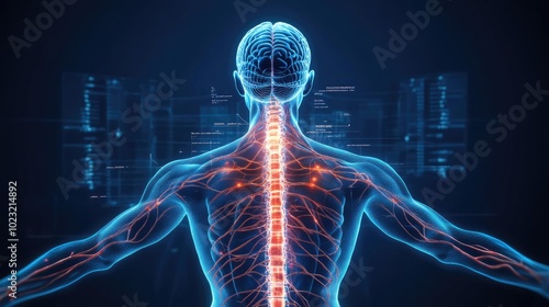 Fototapeta Naklejka Na Ścianę i Meble -  Nervous system, brain and spinal cord highlighted, intricate neuron pathways, 3D illustration