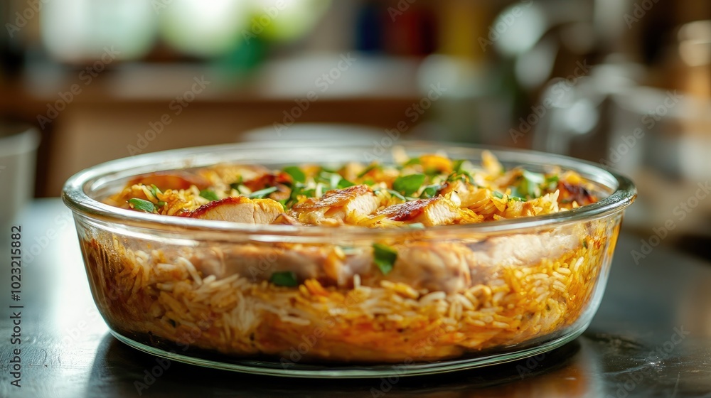 Layered Chicken Biryani in a Glass Dish Layered Chicken Biryani in a Glass Dish