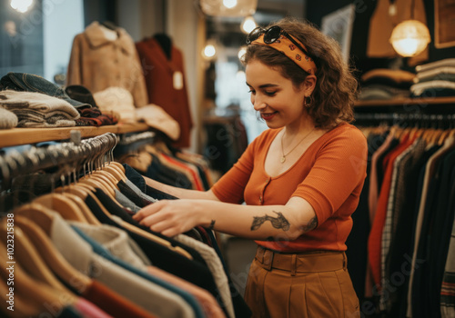 Young woman is smiling while searching for clothes in a vintage clothing store