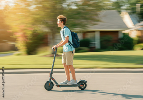 Young man is riding an electric scooter on his way to school on a sunny morning