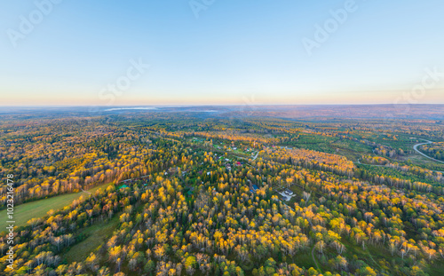 Bazhukovo, Russia. Sunrise. Early morning. Autumn landscape. Deer streams. Nature park in a wooded area. Aerial view