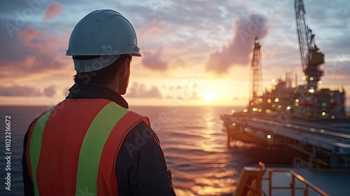 An oil rig worker in a hard hat and safety vest overseeing offshore operations, with the rig and ocean stretching into the horizon.