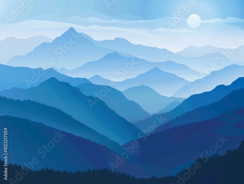 A vibrant dawn casts light over layered blue mountains, creating a peaceful and serene atmosphere in the valleys beneath