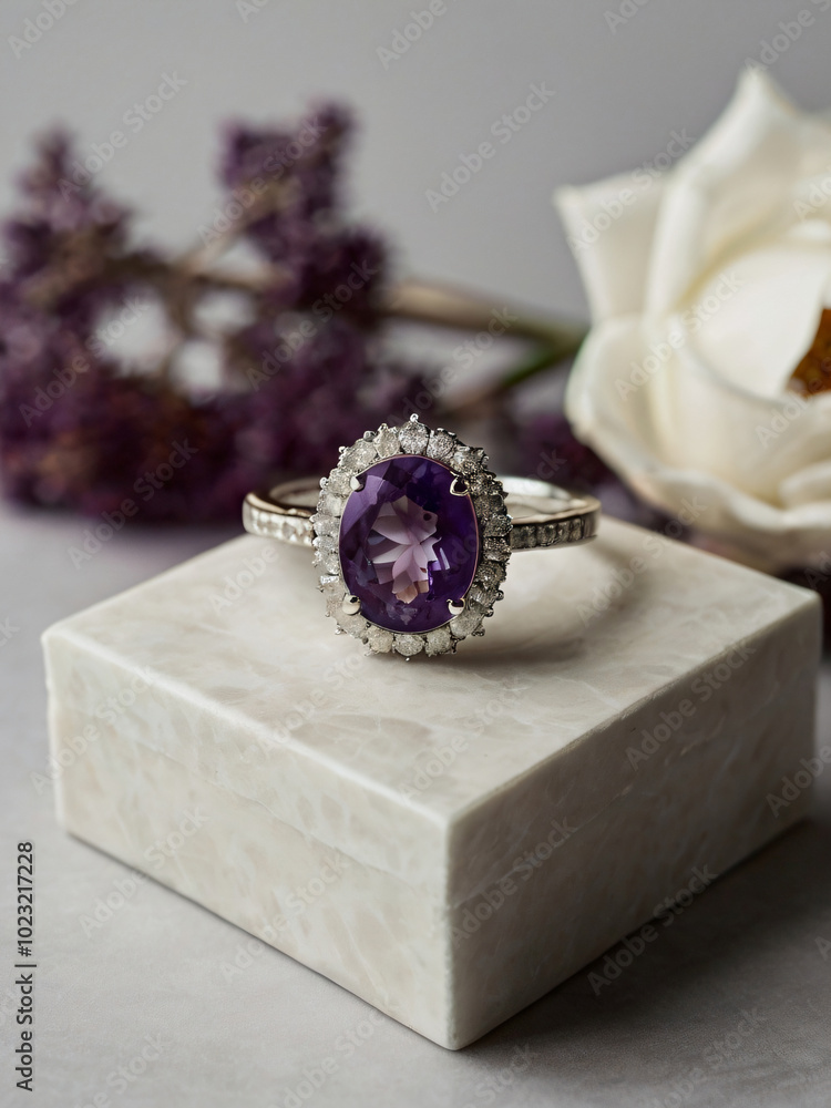 The purple gemstone adds a touch of romance to the wedding band The purple gemstone adds a touch of romance to the wedding band