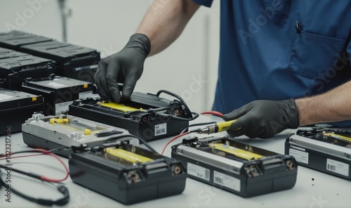 A close-up image of a technician using specialized equipment to dismantle and extract valuable materials from used lithium-ion batteries
