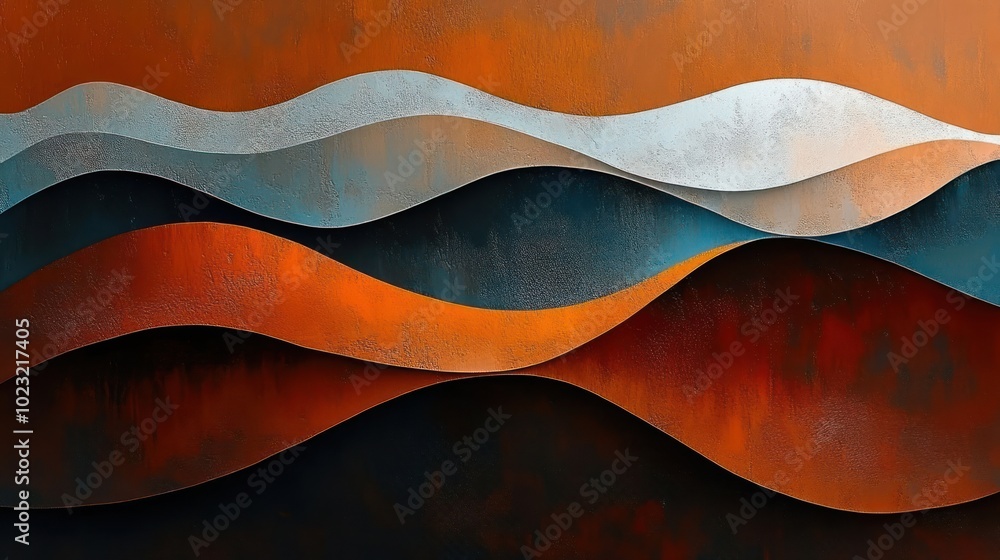 An abstract artwork featuring layered waves in warm tones of orange, silver, and blue. An abstract artwork featuring layered waves in warm tones of orange, silver, and blue.