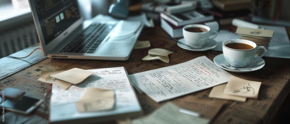 A cozy workspace with coffee, laptop, and handwritten notes, bathed in soft light, inviting creativity and focus. A cozy workspace with coffee, laptop, and handwritten notes, bathed in soft light, inviting creativity and focus.