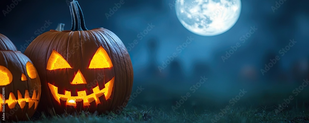 Fototapeta premium Spooky Halloween scene featuring glowing pumpkins under a full moon in a misty graveyard. Perfect for festive decorations and themes.