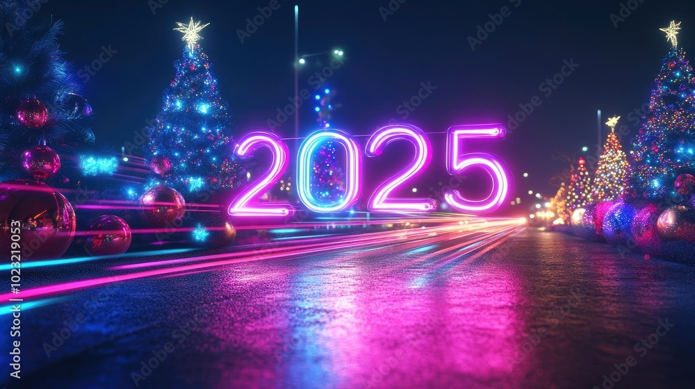 A bright neon display of 2025 with swirling light trails and festive decorations enhancing the scene.