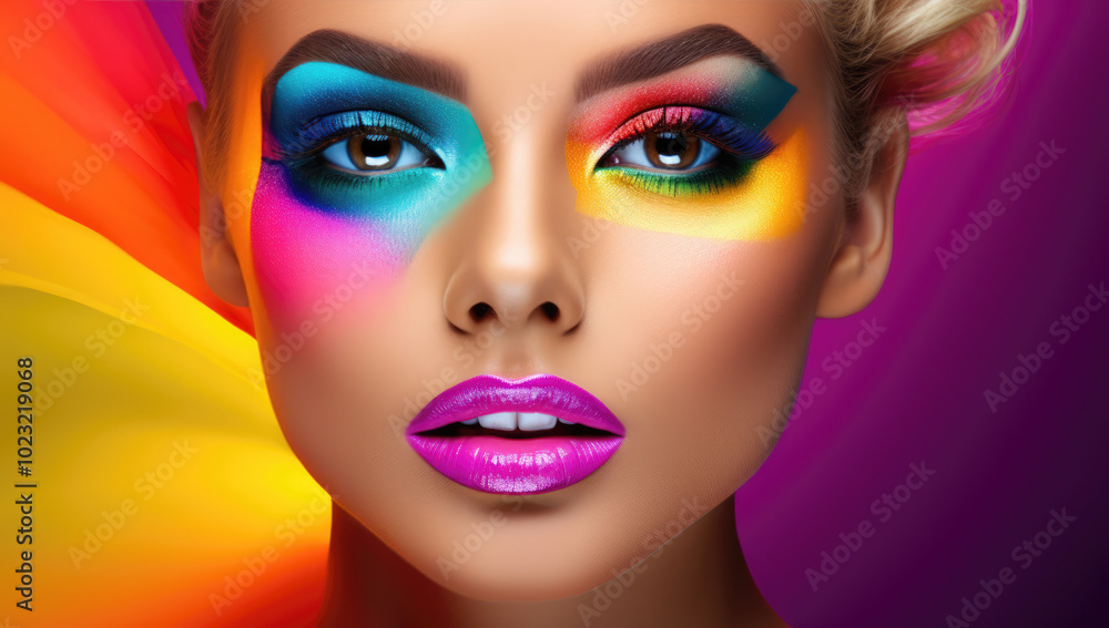 Vivid makeup on a model with a rainbow color palette and glossy lips Vivid makeup on a model with a rainbow color palette and glossy lips