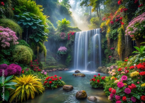 A secret garden hidden behind a waterfall, with lush greenery and colorful flowers thriving in the misty atmosphere.