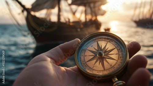 Close-up of an explorerâ€™s hand holding a compass with the ship in the background photo