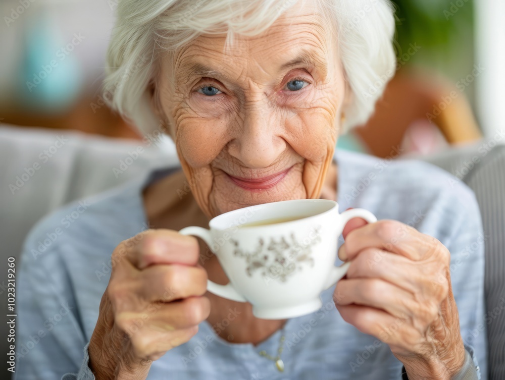 An elderly woman smiles warmly while holding a delicate teacup in her cozy living room, radiating joy and comfort An elderly woman smiles warmly while holding a delicate teacup in her cozy living room, radiating joy and comfort