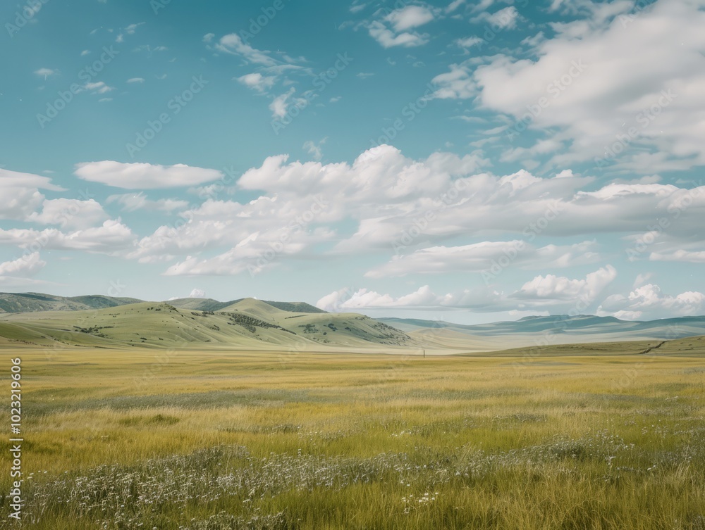 Naklejka premium Rolling hills and expansive grasslands stretch out under a clear blue sky filled with white clouds, showcasing a serene natural beauty
