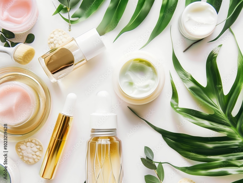 Various skincare products and green leaves are artistically displayed on a clean white background, highlighting beauty essentials Various skincare products and green leaves are artistically displayed on a clean white background, highlighting beauty essentials