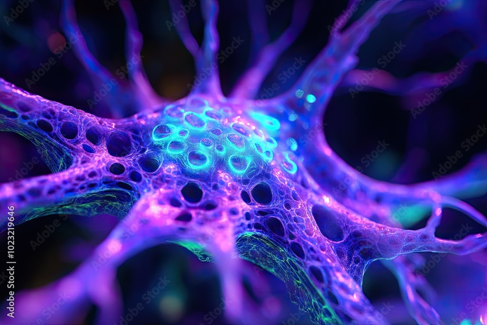 Colorful abstract depiction of neurons with glowing details on a dark background. Colorful abstract depiction of neurons with glowing details on a dark background.