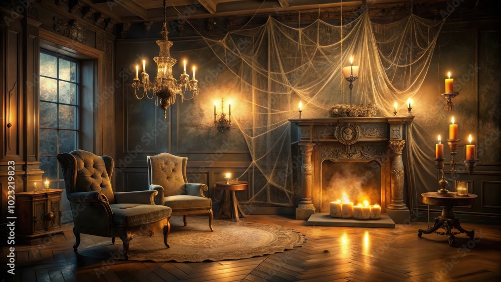 Dark eerie antique living room at night filled with cobwebs and candlelight Dark eerie antique living room at night filled with cobwebs and candlelight