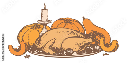 Hand drawn roasted turkey on a plate with vegetables and orange pumpkins. Vector sketch in engraving style. Baked chicken with vegetables on a plate for a Thanksgiving party. Line art ink drawing.