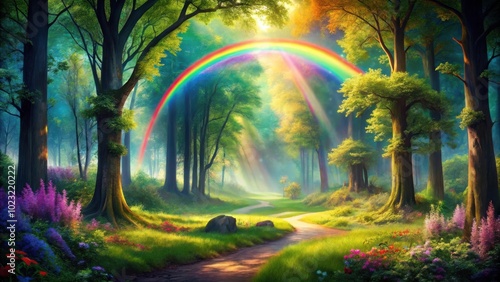 A sunlit path through a lush forest with a vibrant rainbow arching overhead, creating a magical and enchanting scene.