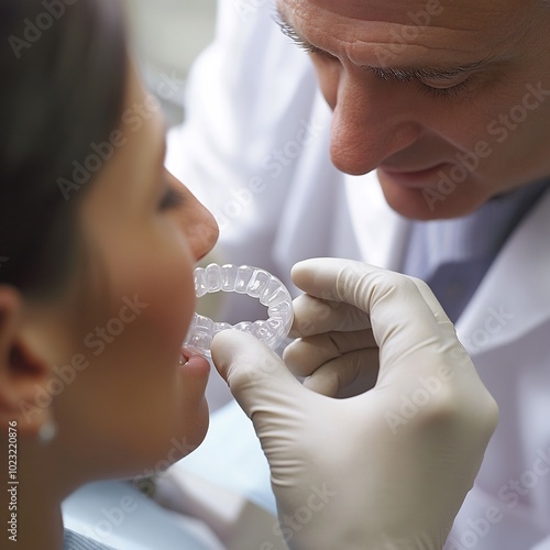 Night Guard Fitting dental doctor fitting a custommade night guard for a patient who suffers from bruxism The patient is trying on the guard and the doctor is ensuring a proper fit photo