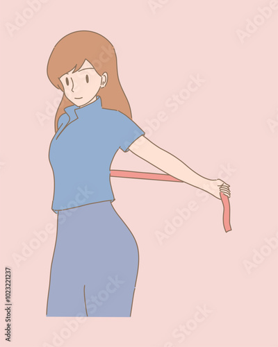 Woman doing stretching with exercise band. Girl doing lower back pull down with long rubber resistance band. Hand drawn flat cartoon character vector illustration.